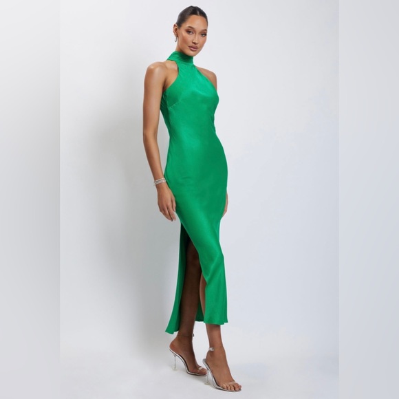green emerald velvet dress Claire Satin Drape Back Maxi Dress with Split - Green main image 0